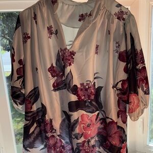 Tan and Pink Floral Blouse with 3/4 Sleeves and Mandarin Collar